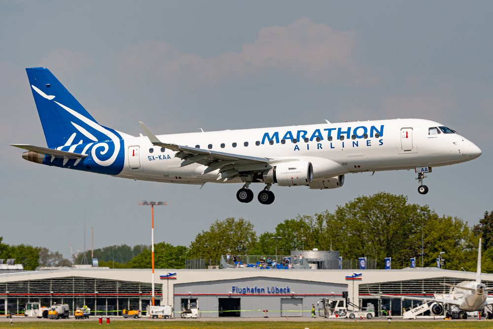 Marathon Airlines aircraft SX-KAA approaching Lübeck Airport